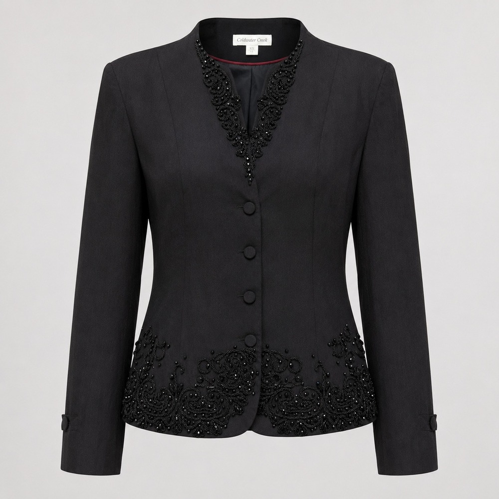 Coldwater Creek Blazer Women 12‎ Black Beaded Embellished Evening Jacket Formal